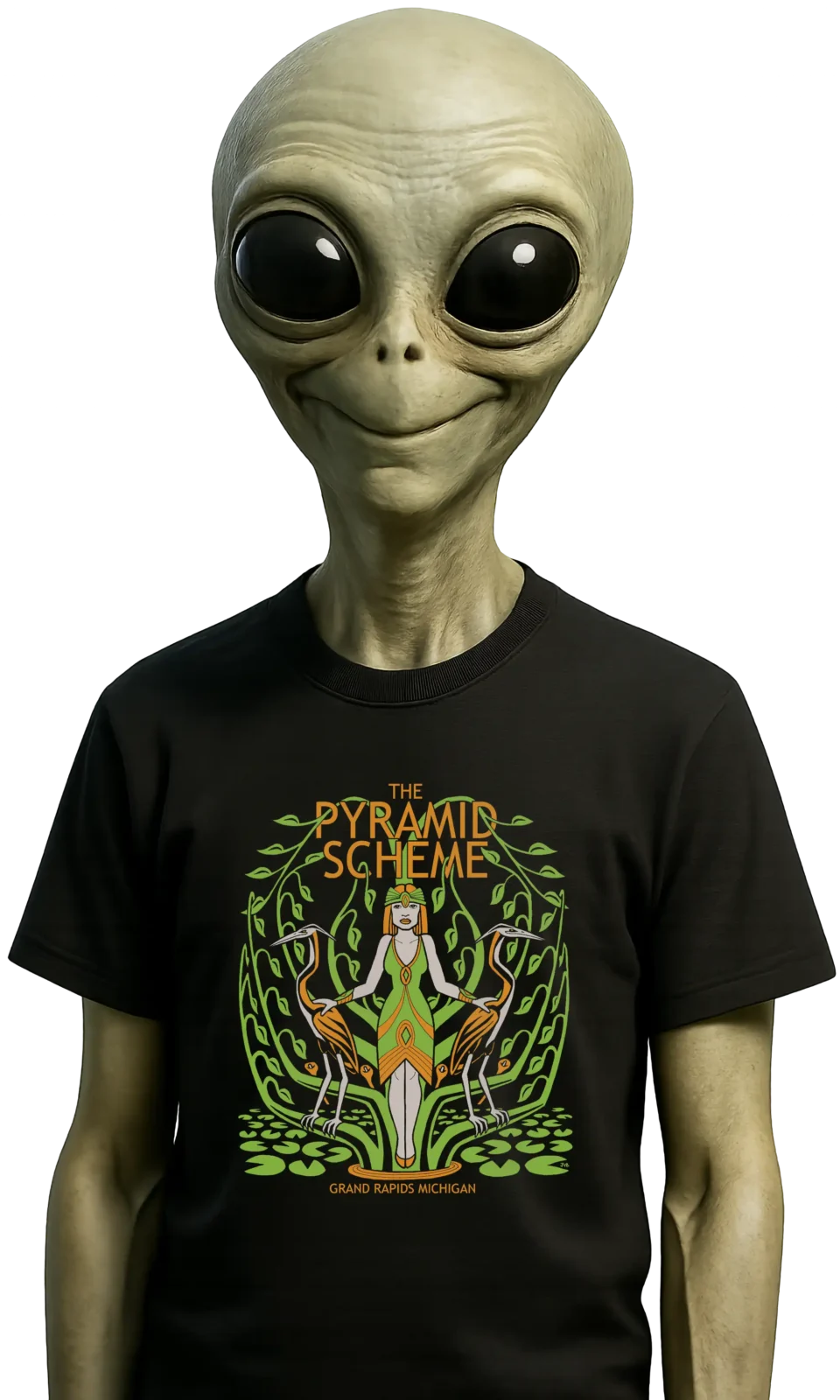 An alien model wearing a Heron The Pyramid Scheme t shirt